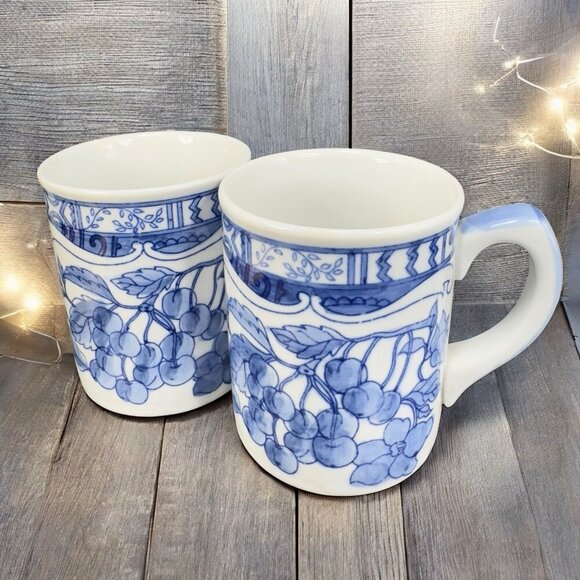 1995 Jardin Blue Cardinal Ceramic Coffee Mug Cup Set 2 Blue White Fruit Cherry - Picture 1 of 15